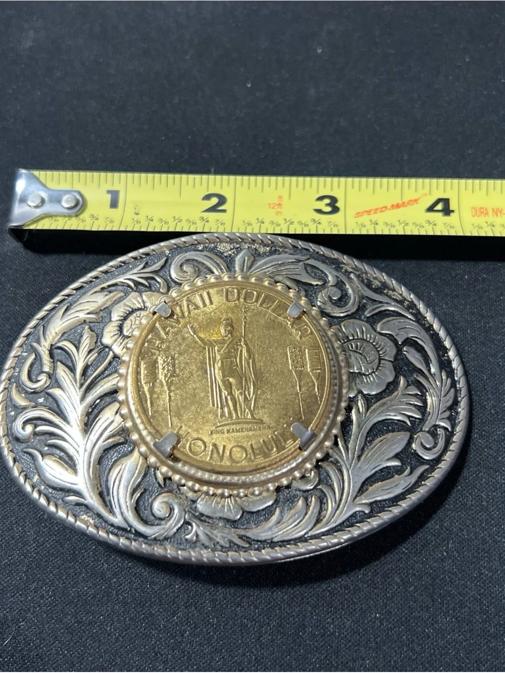 Vintage Hawaii Dollar Coin Belt Buckle Metal Brass Floral Design King Kamehameha